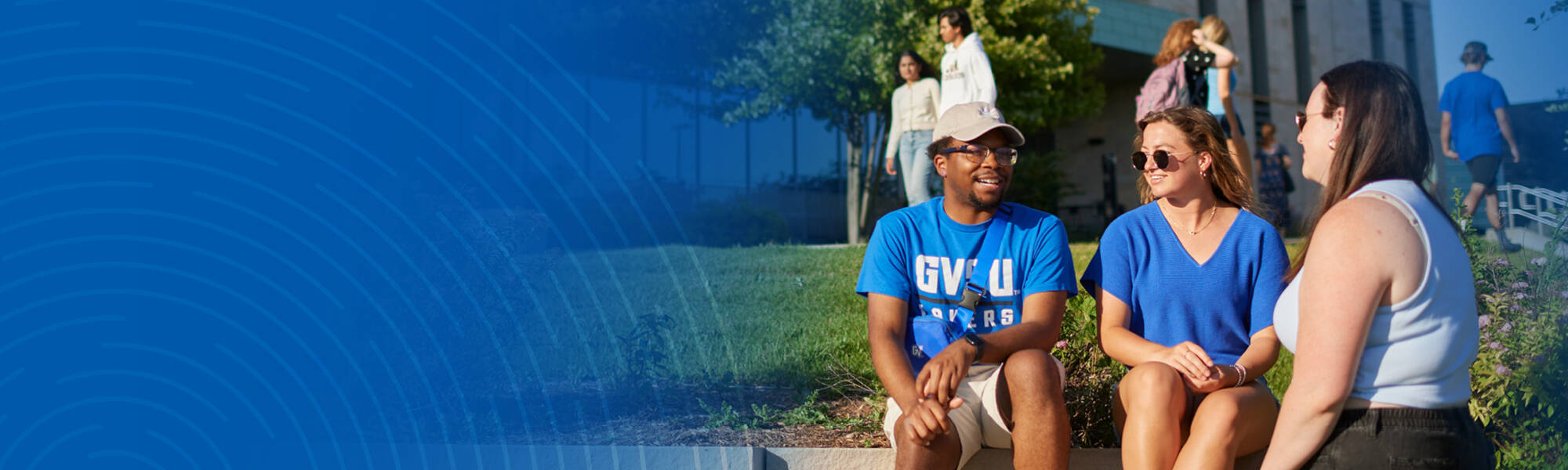 GVSU students in front of the Mary Idema Pew Library.